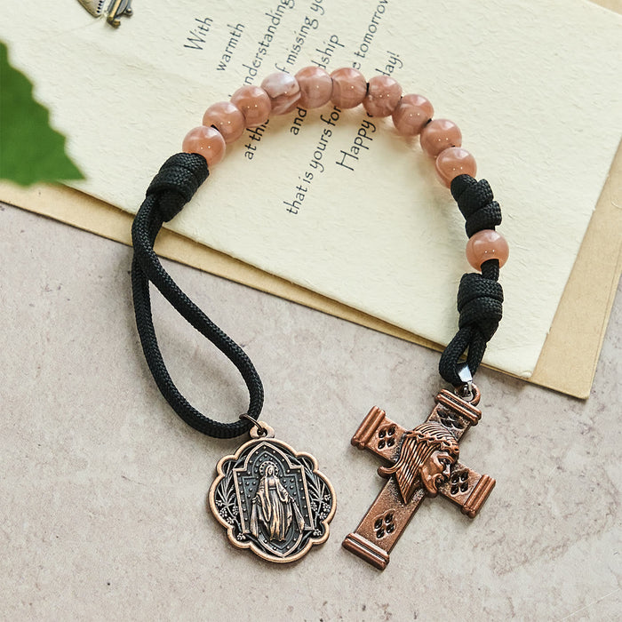 Compact Holy Pocket Rosary: Pink Beads, Paracord Loop & Vintage Copper Cross