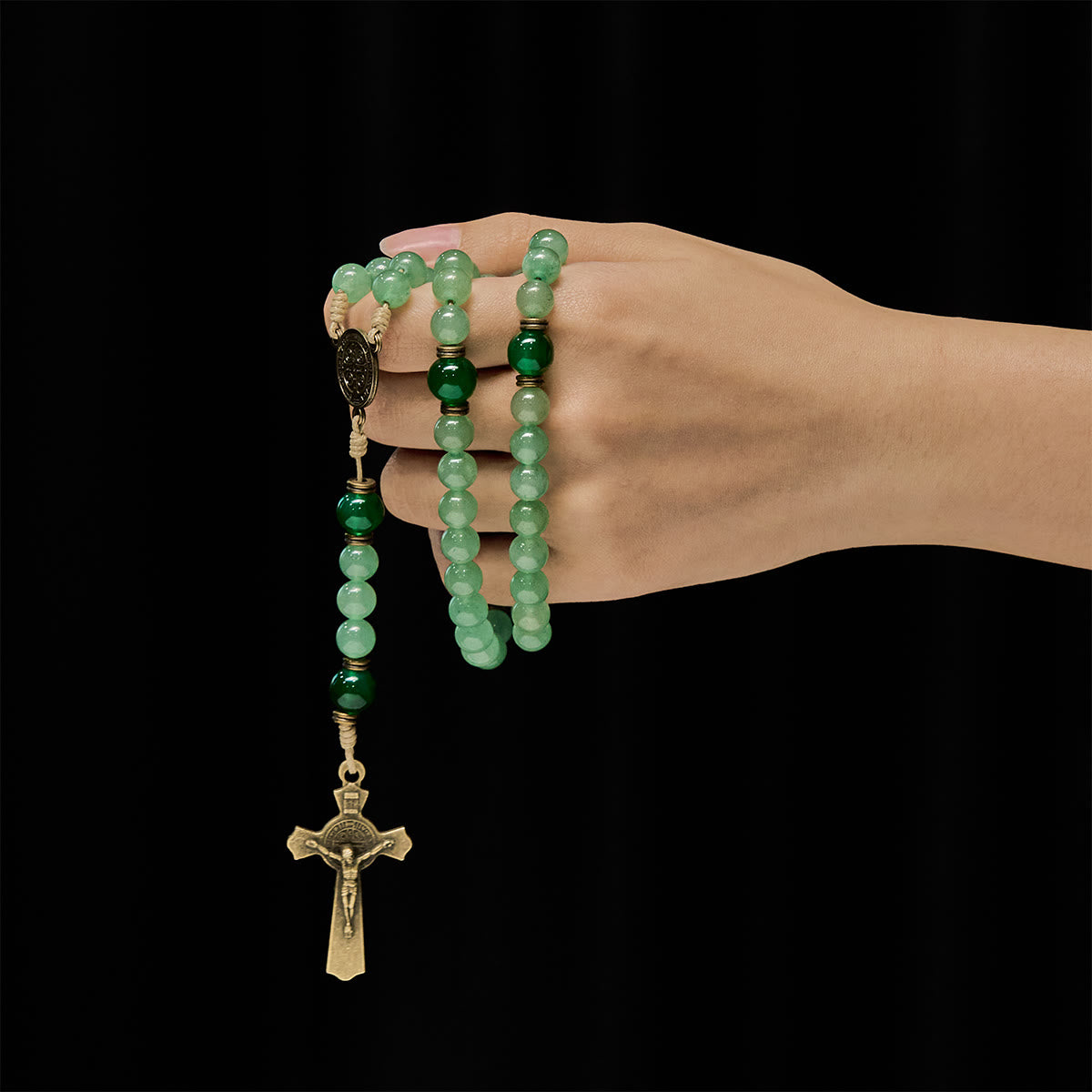 Blessed Green Aventurine Rosary: Jade Beads & St. Benedict Guardian Charm
