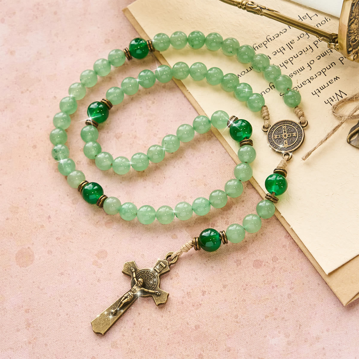 Blessed Green Aventurine Rosary: Jade Beads & St. Benedict Guardian Charm