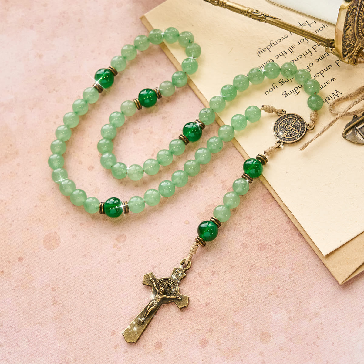 Blessed Green Aventurine Rosary: Jade Beads & St. Benedict Guardian Charm