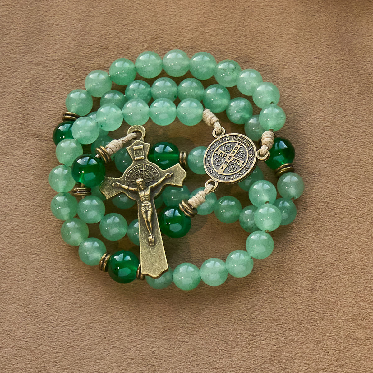 Blessed Green Aventurine Rosary: Jade Beads & St. Benedict Guardian Charm