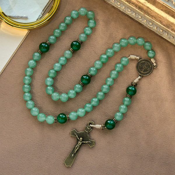 Blessed Green Aventurine Rosary: Jade Beads & St. Benedict Guardian Charm