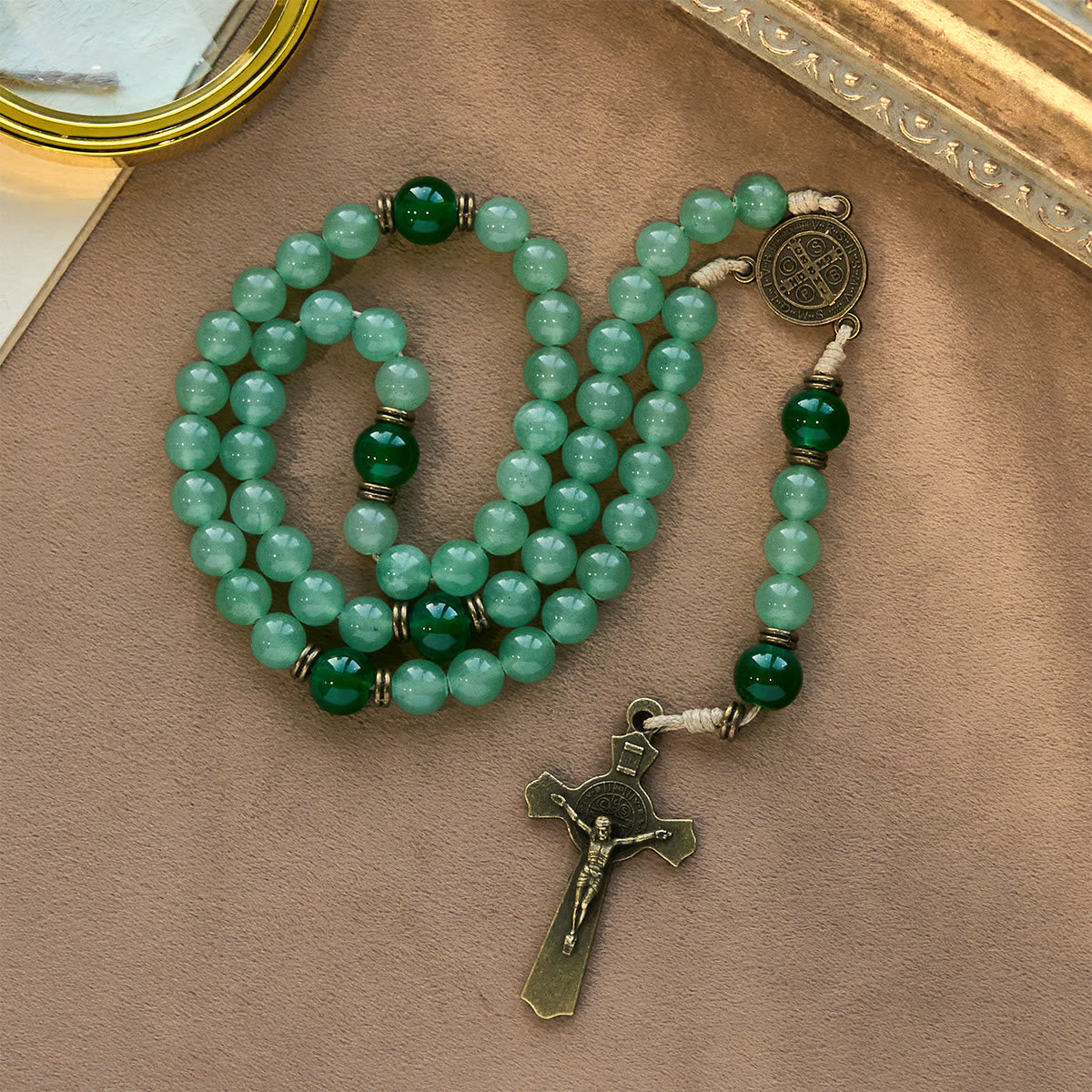 Blessed Green Aventurine Rosary: Jade Beads & St. Benedict Guardian Charm