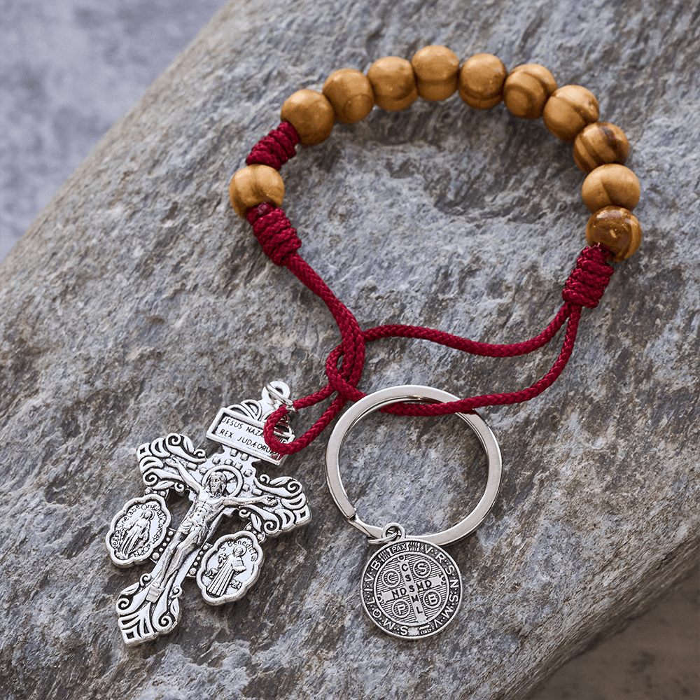 Crucifix & St. Benedict Medal Wood Pocket Rosary: Soft Prompt of Peace