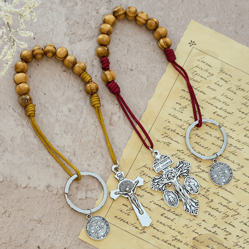 Crucifix & St. Benedict Medal Wood Pocket Rosary: Soft Prompt of Peace