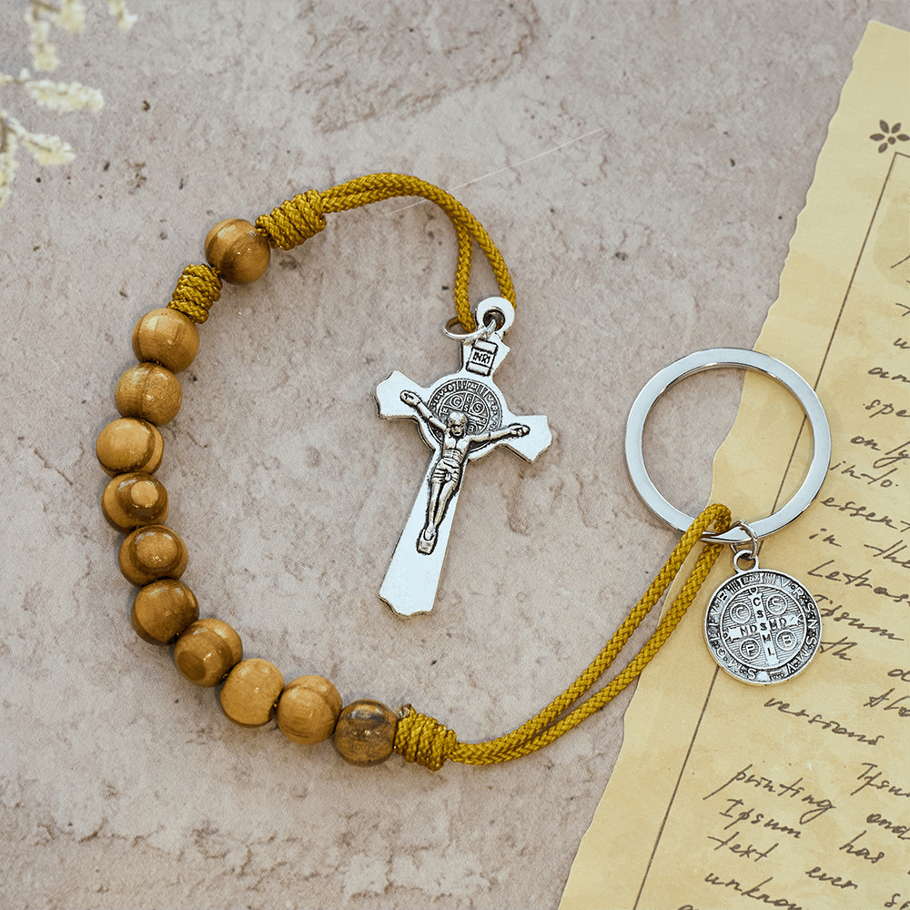 Crucifix & St. Benedict Medal Wood Pocket Rosary: Soft Prompt of Peace
