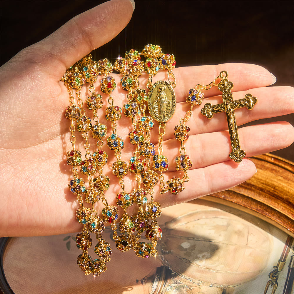 Luxurious Gilded Sparkling Rosary: Dazzling Multi-Color Beads & Our Lady Charm