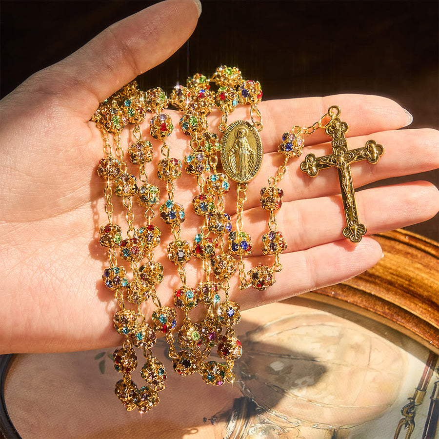 Luxurious Gilded Sparkling Rosary: Dazzling Multi-Color Beads & Our Lady Charm