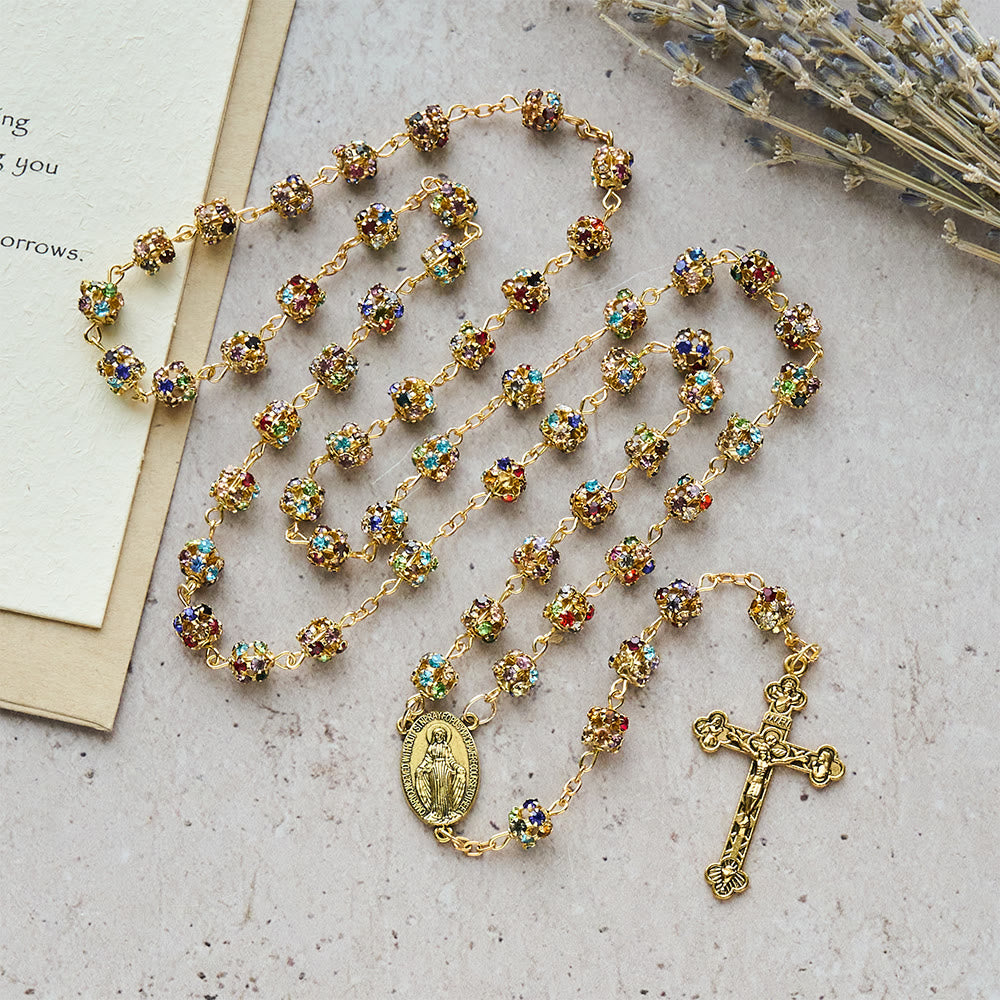 Luxurious Gilded Sparkling Rosary: Dazzling Multi-Color Beads & Our Lady Charm