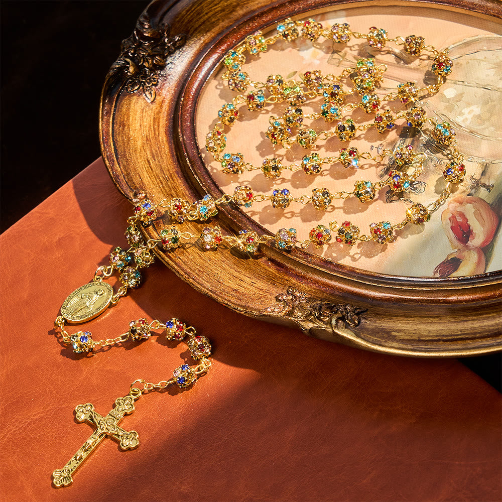 Luxurious Gilded Sparkling Rosary: Dazzling Multi-Color Beads & Our Lady Charm