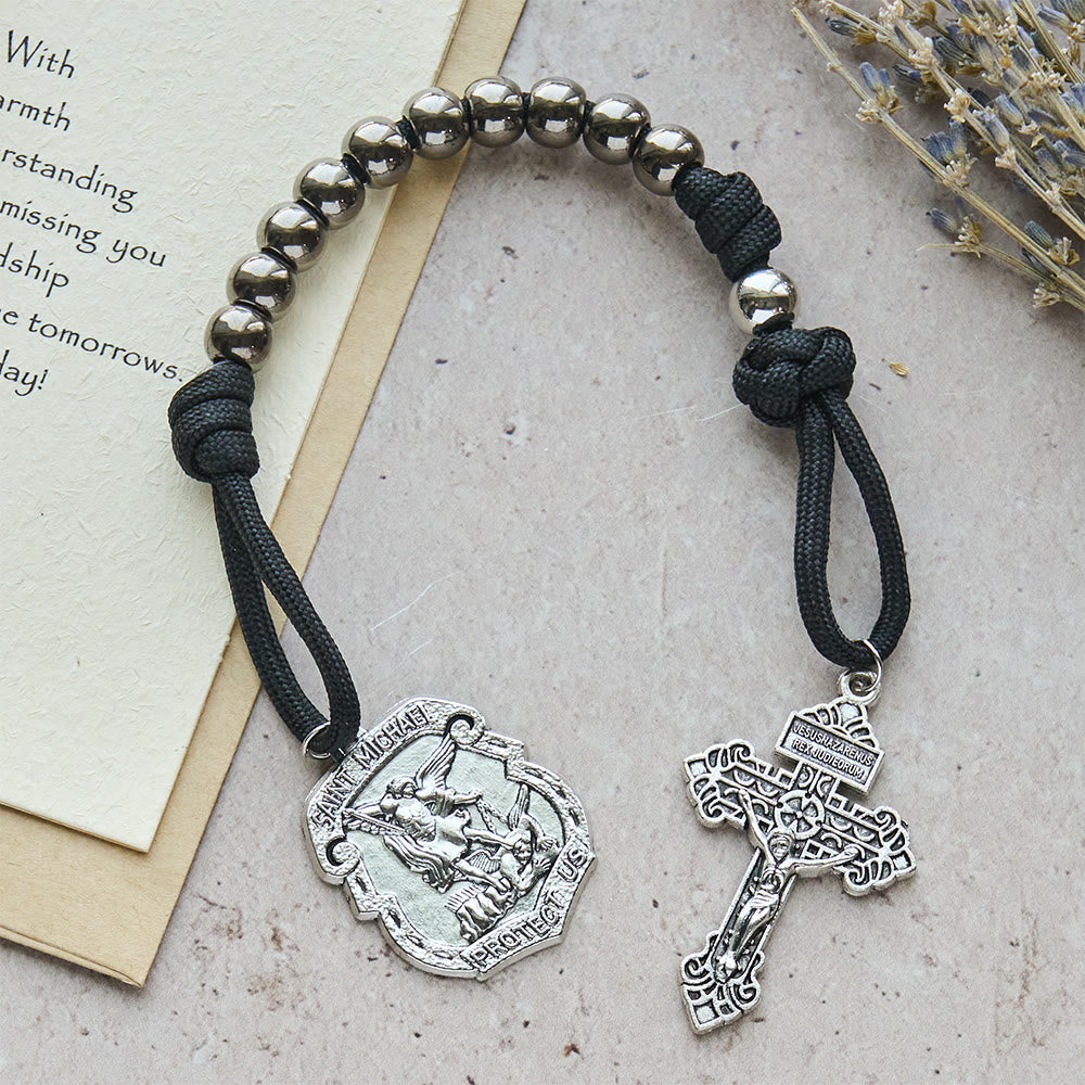 Dual Use Car Pendant & Pocket Rosary with St. Michael & Benedict Guardian Shield and Evil Repelling Grace