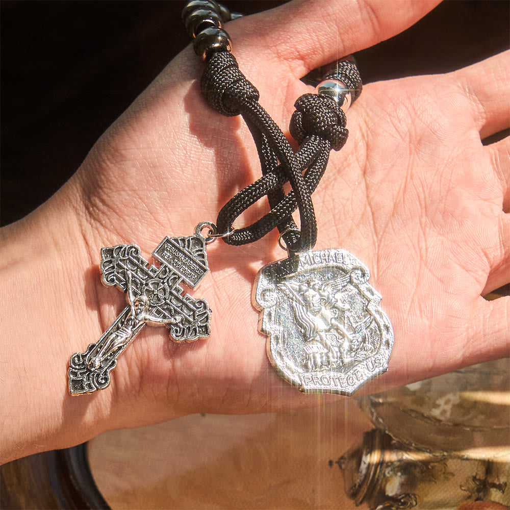 Dual Use Car Pendant & Pocket Rosary with St. Michael & Benedict Guardian Shield and Evil Repelling Grace