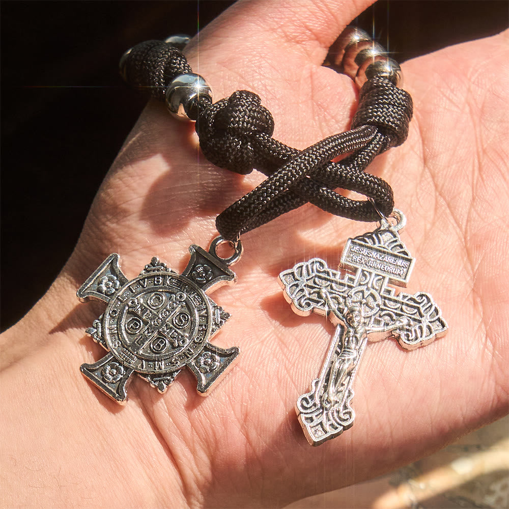 Dual Use Car Pendant & Pocket Rosary with St. Michael & Benedict Guardian Shield and Evil Repelling Grace