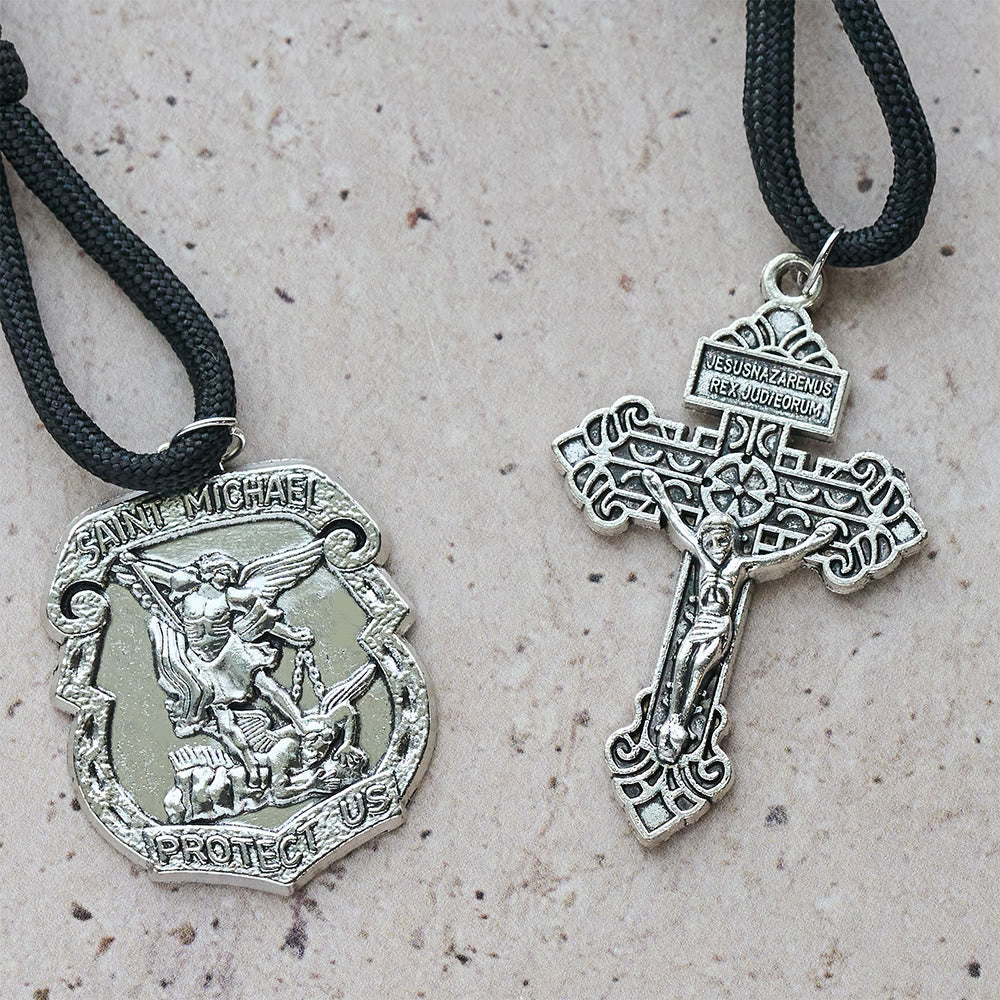 Dual Use Car Pendant & Pocket Rosary with St. Michael & Benedict Guardian Shield and Evil Repelling Grace