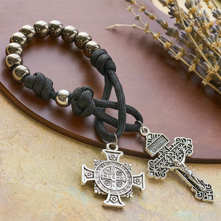 Dual Use Car Pendant & Pocket Rosary with St. Michael & Benedict Guardian Shield and Evil Repelling Grace