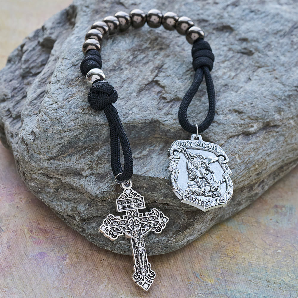 Dual Use Car Pendant & Pocket Rosary with St. Michael & Benedict Guardian Shield and Evil Repelling Grace