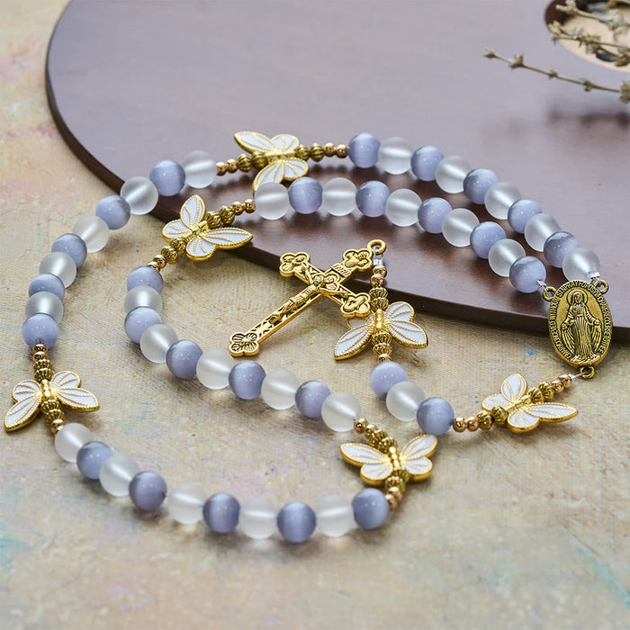 Purple/Pink Cat's Eye & Matte Glass Butterfly Blessed Rosary: Embody Sacred Love and Grace