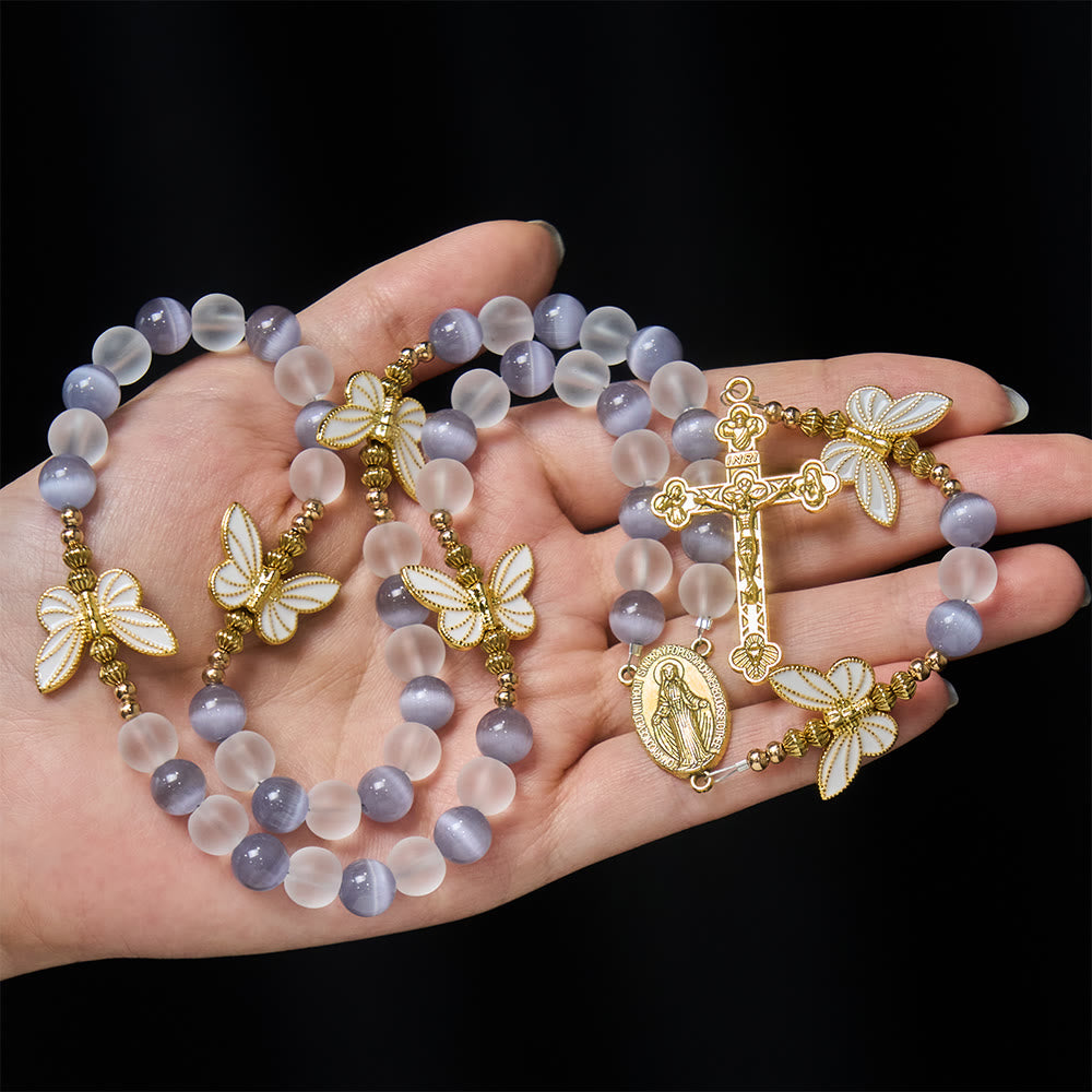 Purple/Pink Cat's Eye & Matte Glass Butterfly Blessed Rosary: Embody Sacred Love and Grace