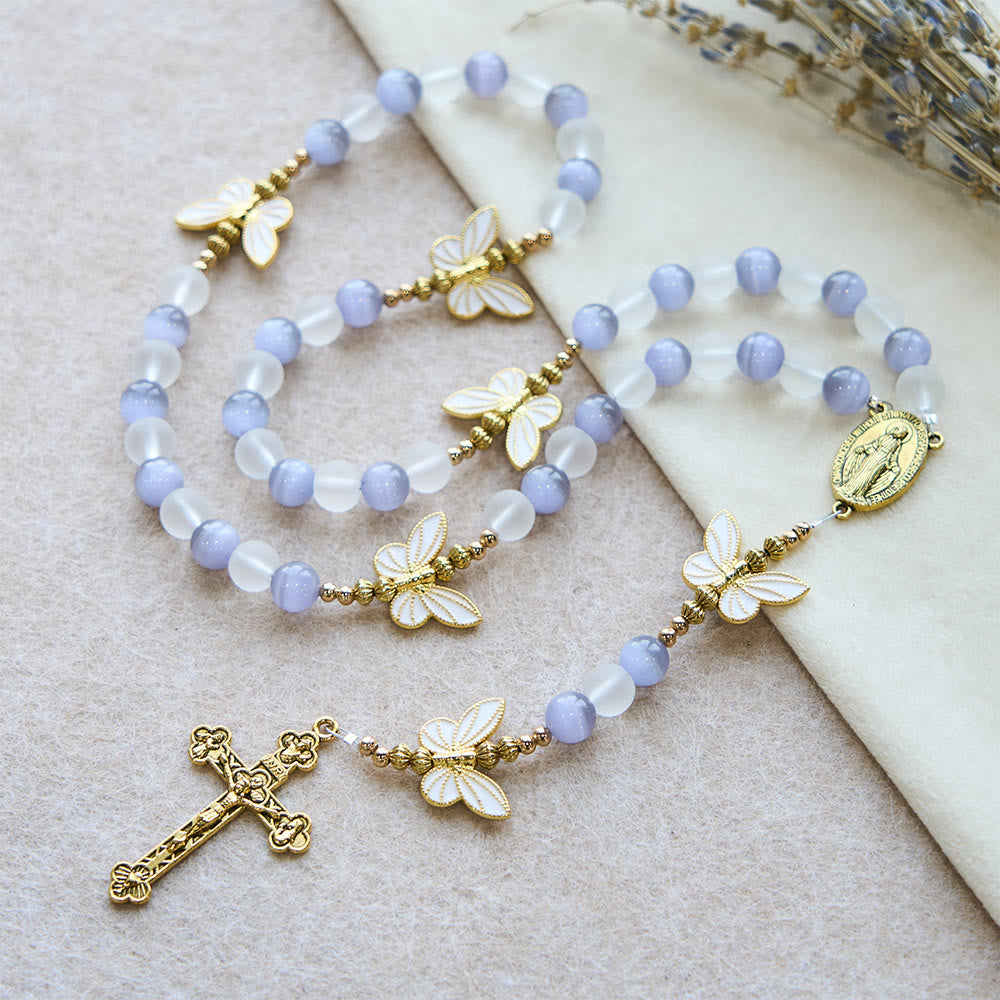 Purple/Pink Cat's Eye & Matte Glass Butterfly Blessed Rosary: Embody Sacred Love and Grace