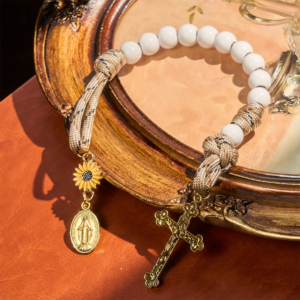 Twofold Blessing Pocket Rosary: Sunflower and Blessed Mother for Car Mirror or Personal Carry