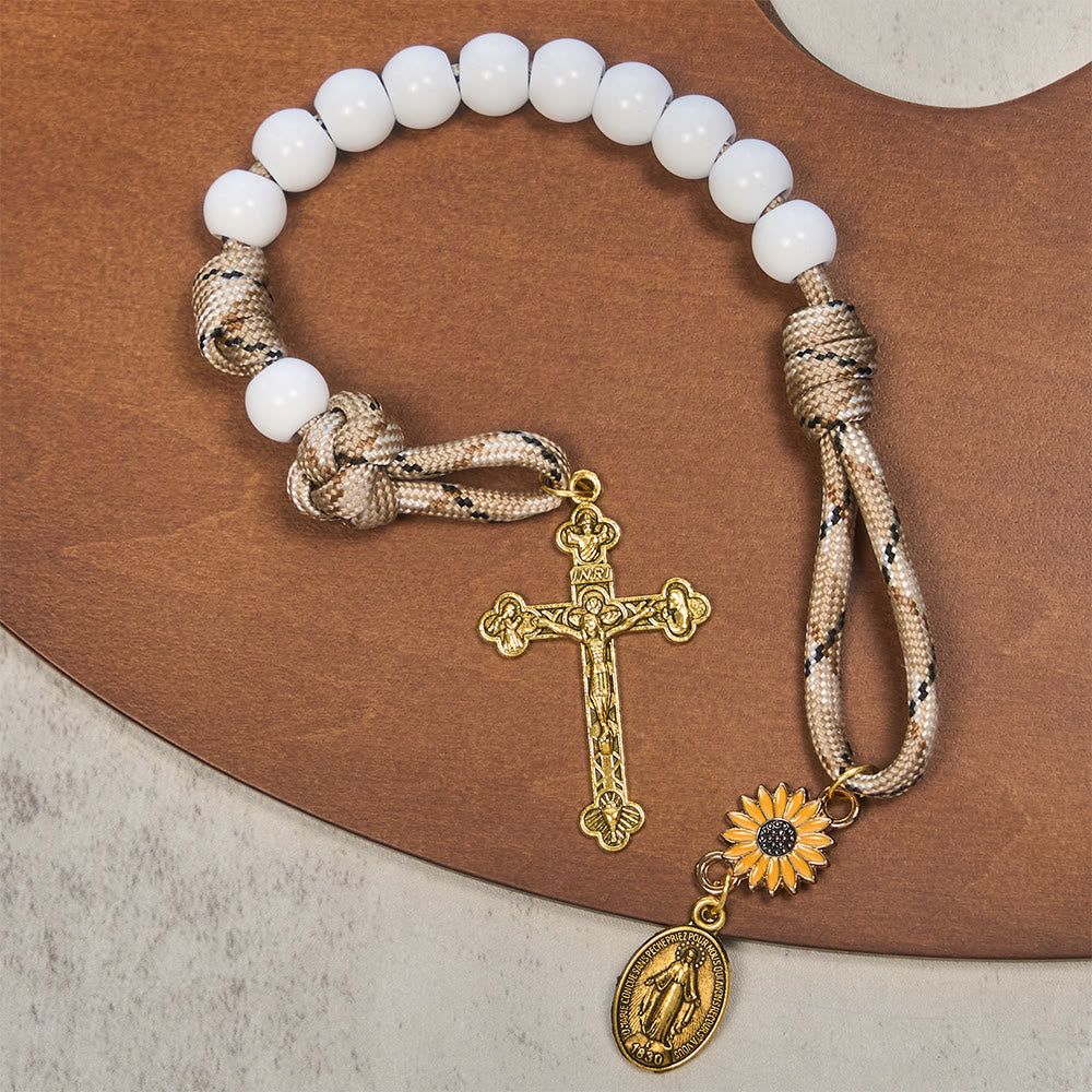 Twofold Blessing Pocket Rosary: Sunflower and Blessed Mother for Car Mirror or Personal Carry
