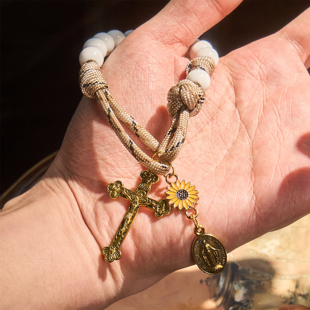 Twofold Blessing Pocket Rosary: Sunflower and Blessed Mother for Car Mirror or Personal Carry