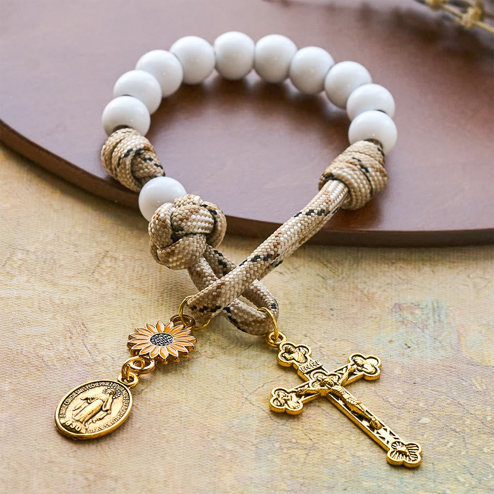 Twofold Blessing Pocket Rosary: Sunflower and Blessed Mother for Car Mirror or Personal Carry