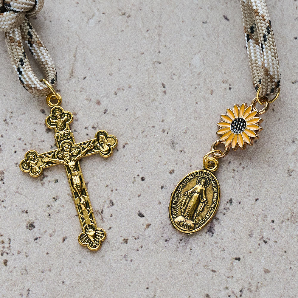 Twofold Blessing Pocket Rosary: Sunflower and Blessed Mother for Car Mirror or Personal Carry