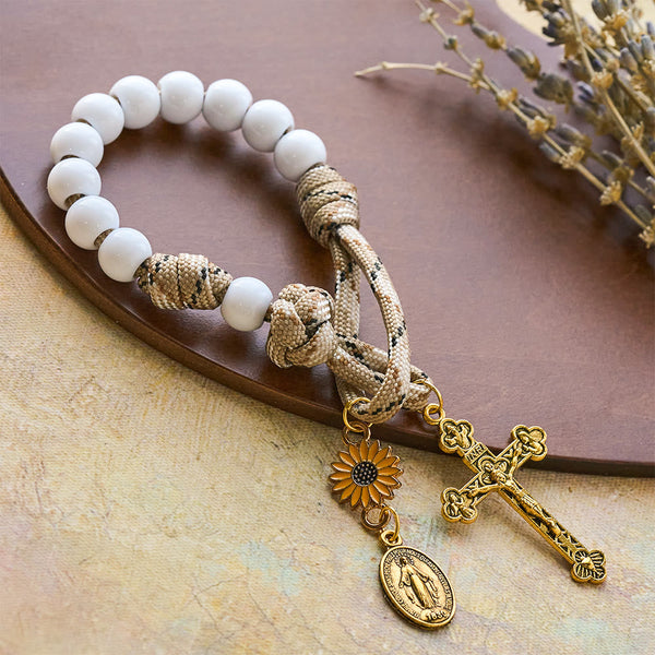 Twofold Blessing Pocket Rosary: Sunflower and Blessed Mother for Car Mirror or Personal Carry