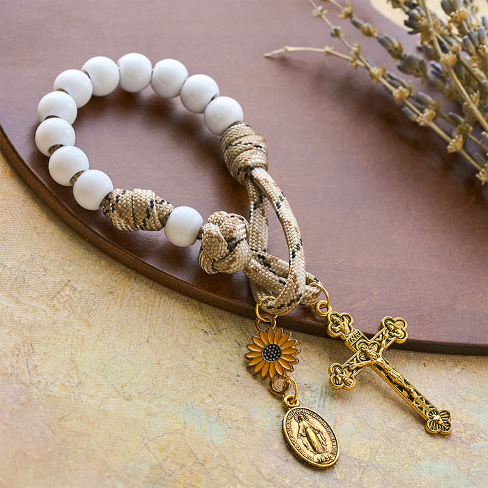 Twofold Blessing Pocket Rosary: Sunflower and Blessed Mother for Car Mirror or Personal Carry