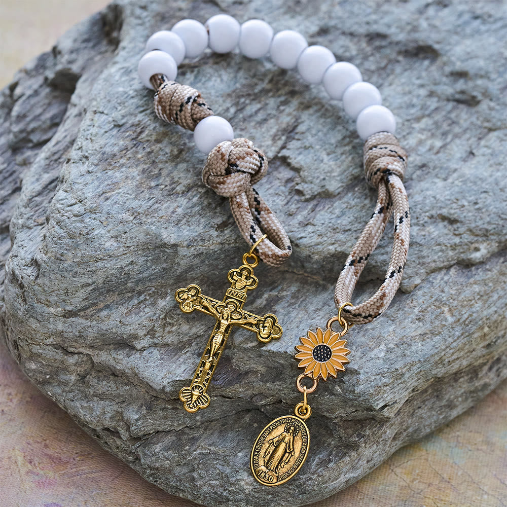 Twofold Blessing Pocket Rosary: Sunflower and Blessed Mother for Car Mirror or Personal Carry