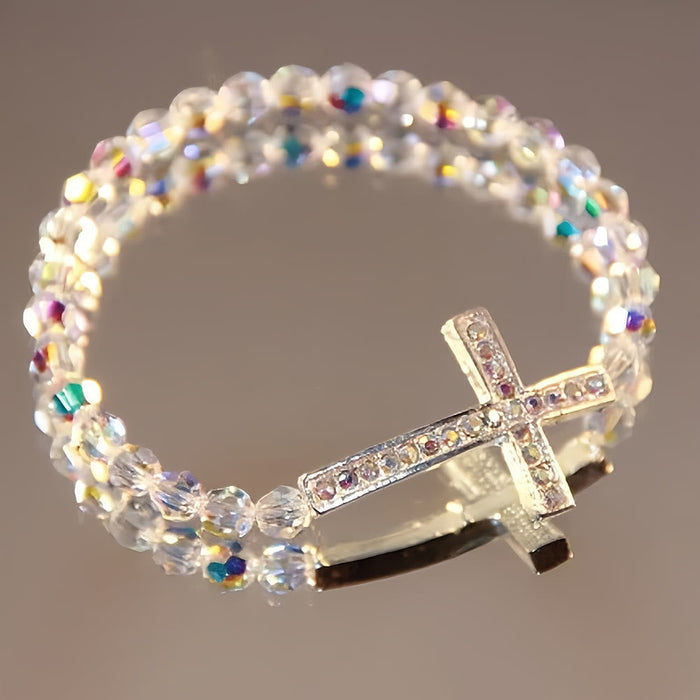 White & Peacock Blue Cross Bracelet: Belief Wrapped in Shimmer