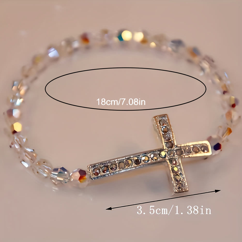 White & Peacock Blue Cross Bracelet: Belief Wrapped in Shimmer