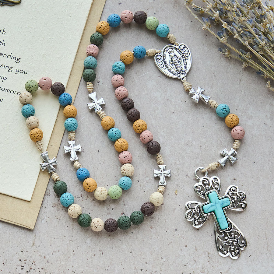 Vintage Multicolor Lava Stone Rosary: Desert Sunrise with Turquoise Cross & Our Lady Charm