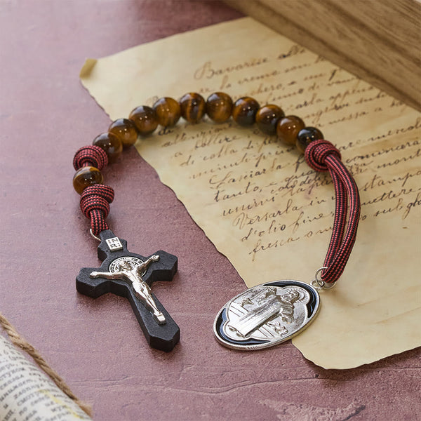 Tiger Eye Pocket Rosary with Courage & Protection: Blessed St. Benedict Exorcism Medal & Cross