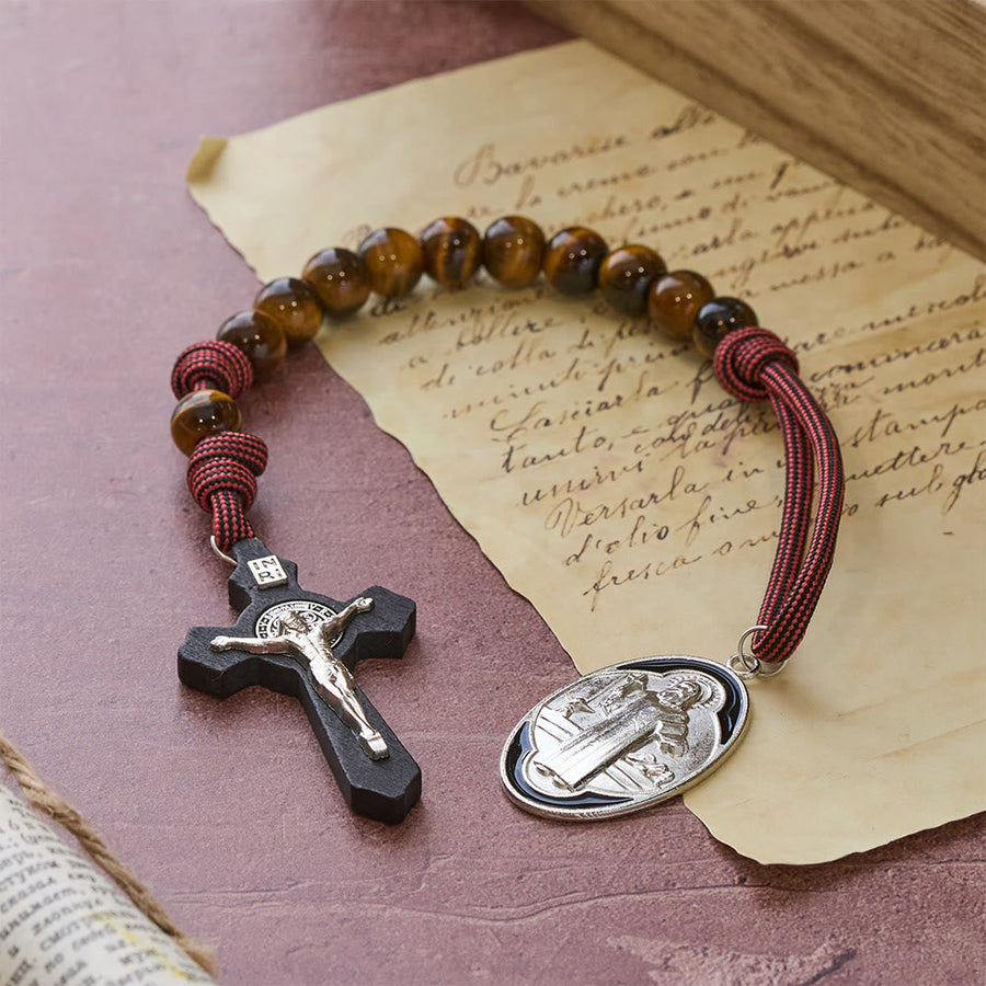 Tiger Eye Pocket Rosary with Courage & Protection: Blessed St. Benedict Exorcism Medal & Cross