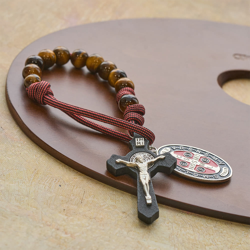 Tiger Eye Pocket Rosary with Courage & Protection: Blessed St. Benedict Exorcism Medal & Cross