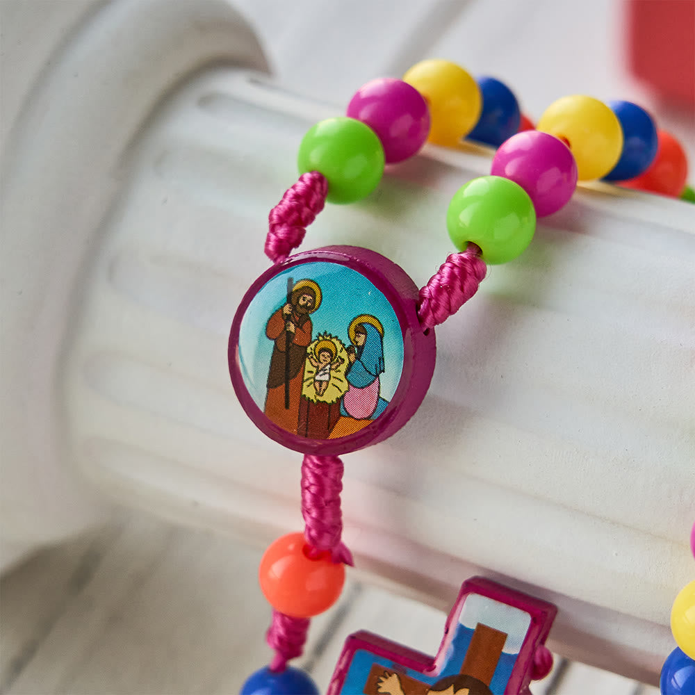Colorful Children Rosary with Holy Family & Saint Charms: Child-Friendly Faith Prayer Beads