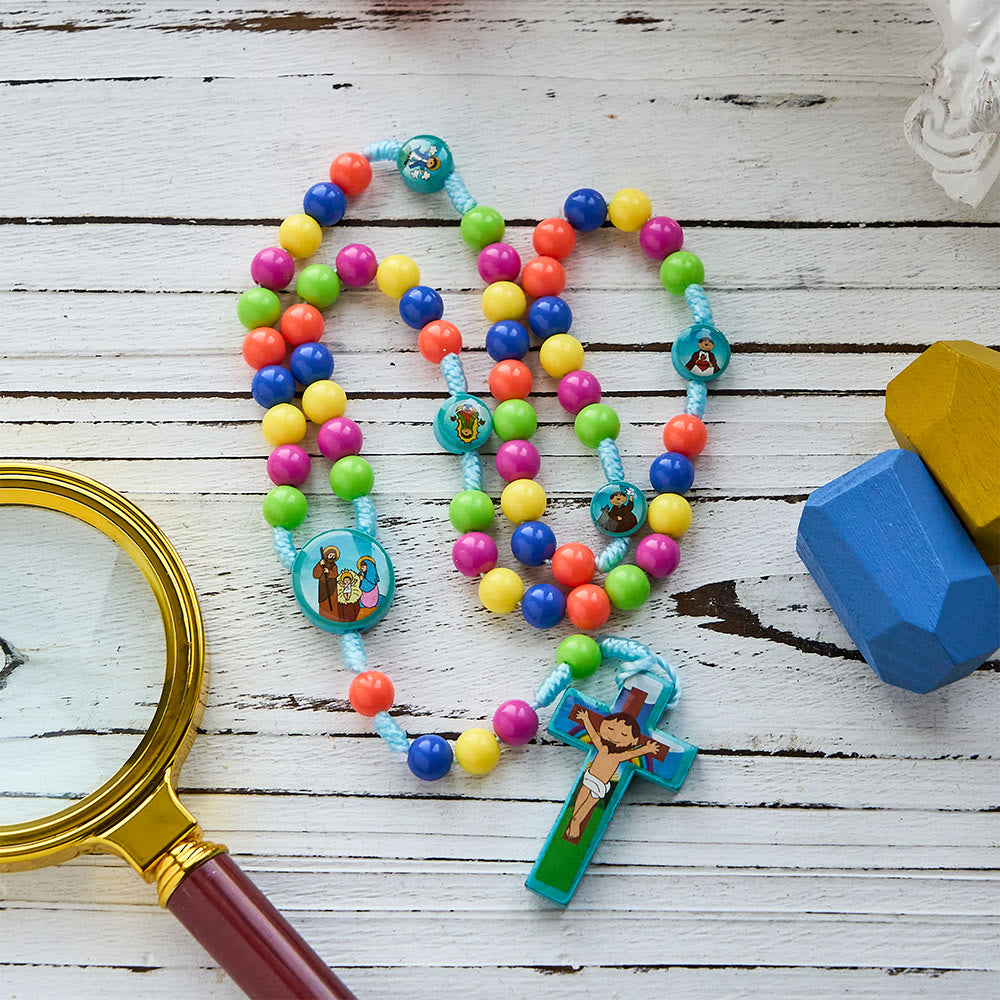 Colorful Children Rosary with Holy Family & Saint Charms: Child-Friendly Faith Prayer Beads