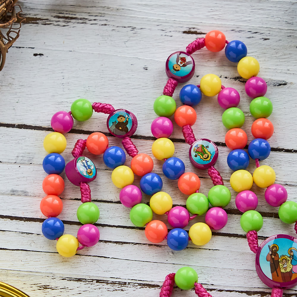 Colorful Children Rosary with Holy Family & Saint Charms: Child-Friendly Faith Prayer Beads