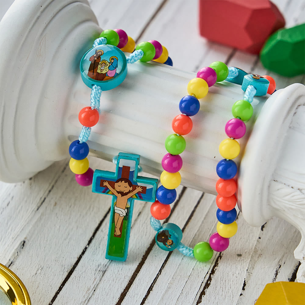 Colorful Children Rosary with Holy Family & Saint Charms: Child-Friendly Faith Prayer Beads