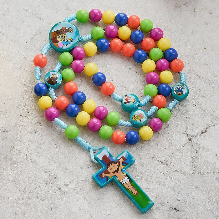 Colorful Children Rosary with Holy Family & Saint Charms: Child-Friendly Faith Prayer Beads