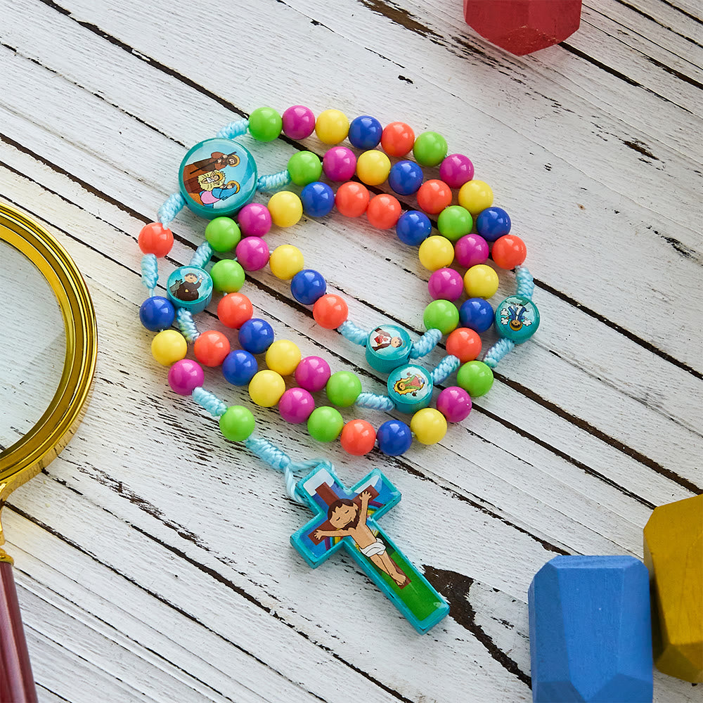 Colorful Children Rosary with Holy Family & Saint Charms: Child-Friendly Faith Prayer Beads