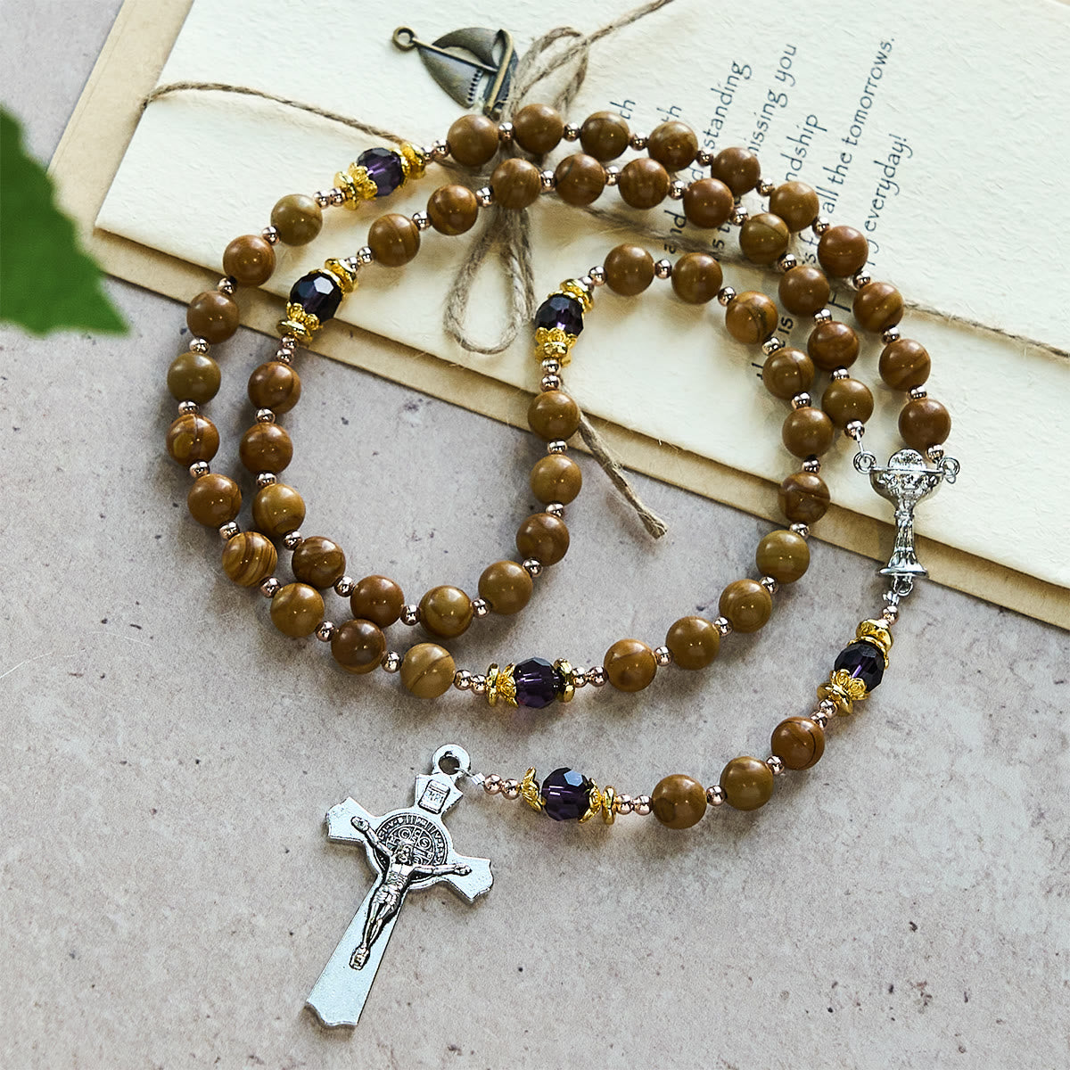 Natural Yellow Wood Grain Stone Rosary with Holy Grail Trijunction & Violet Accent