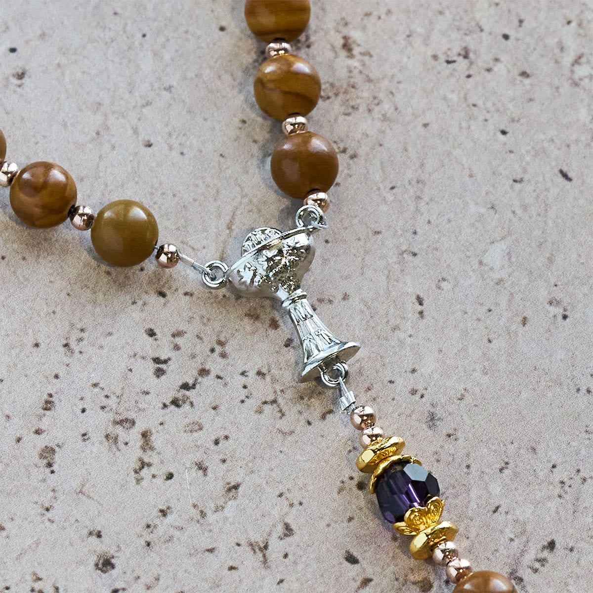 Natural Yellow Wood Grain Stone Rosary with Holy Grail Trijunction & Violet Accent