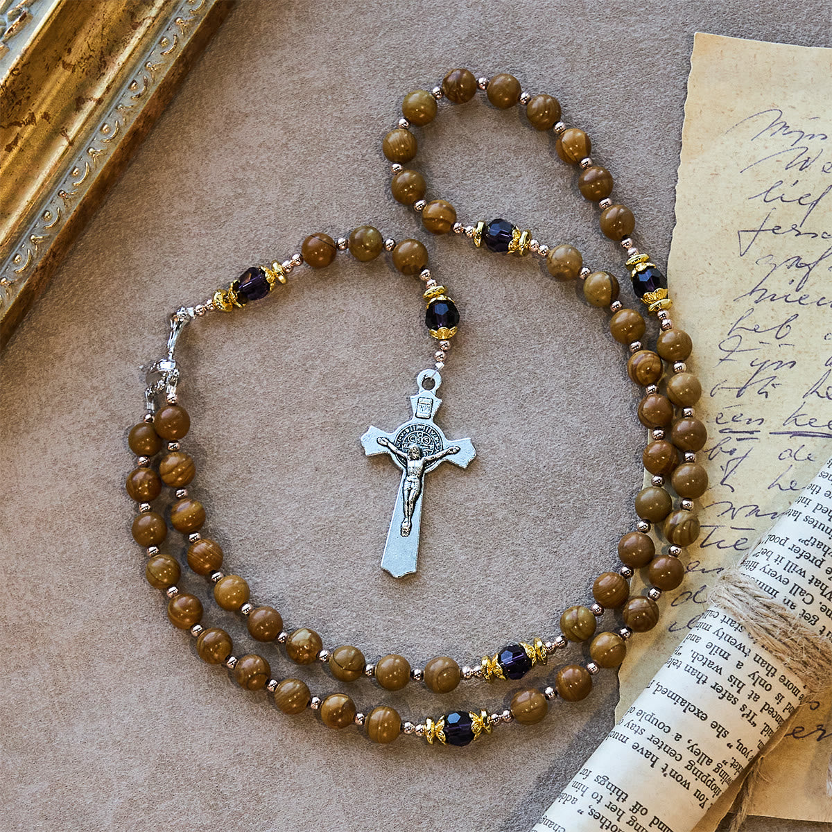 Natural Yellow Wood Grain Stone Rosary with Holy Grail Trijunction & Violet Accent