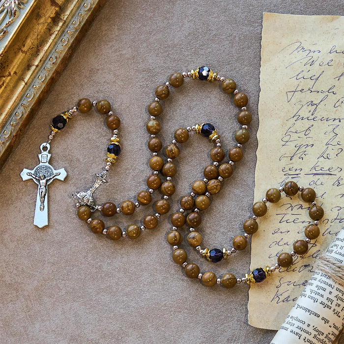 Natural Yellow Wood Grain Stone Rosary with Holy Grail Trijunction & Violet Accent