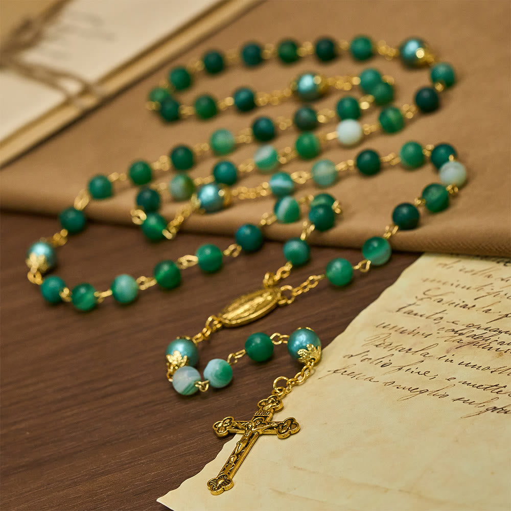 Miraculous Medal & Crucifix of 6 mm Round Green Crystal Alloy Chain Rosary