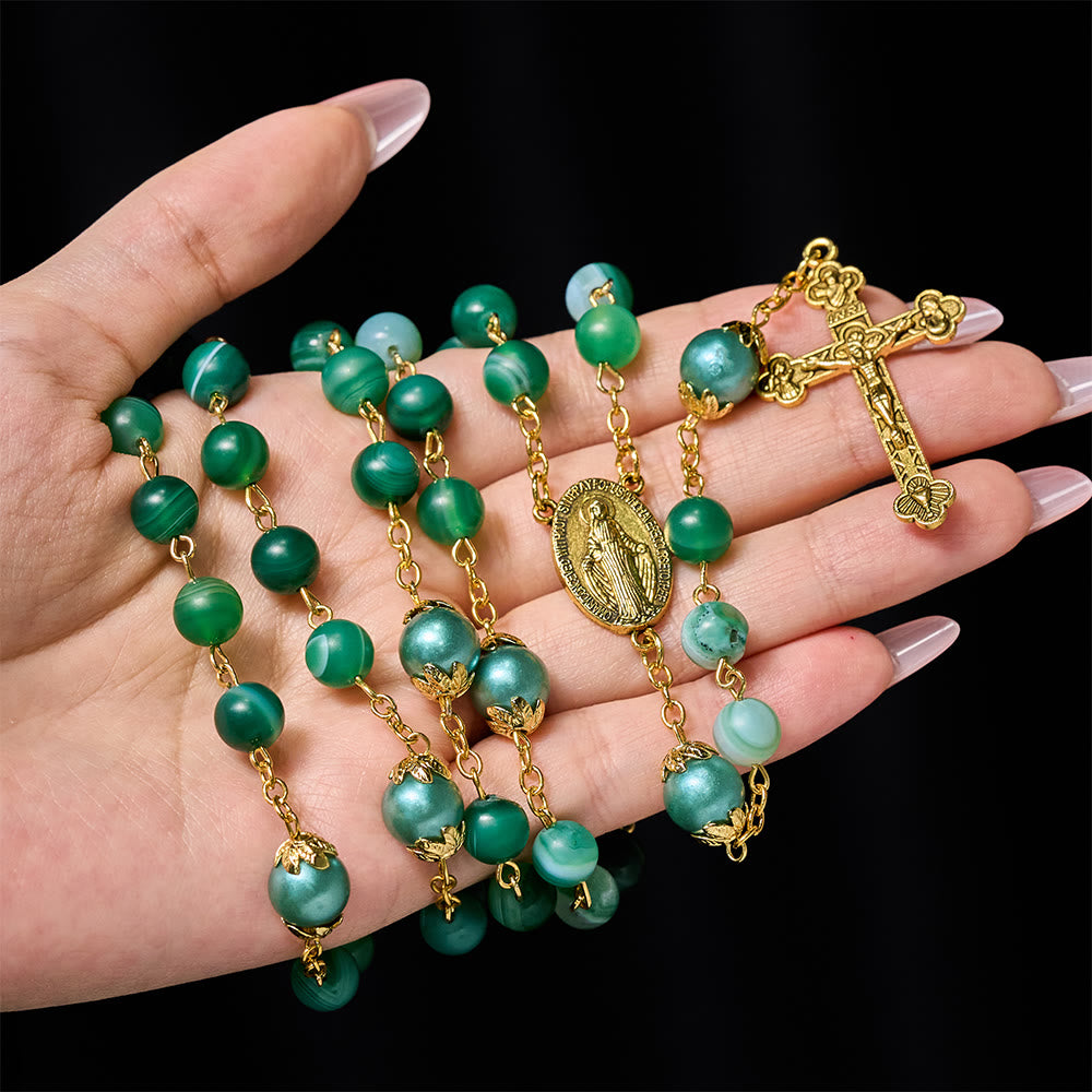 Miraculous Medal & Crucifix of 6 mm Round Green Crystal Alloy Chain Rosary