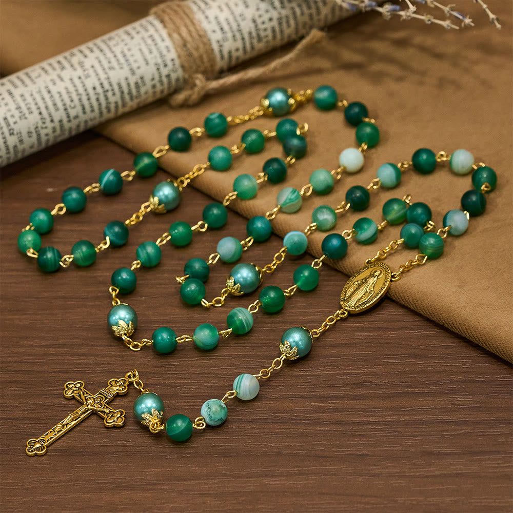 Miraculous Medal & Crucifix of 6 mm Round Green Crystal Alloy Chain Rosary